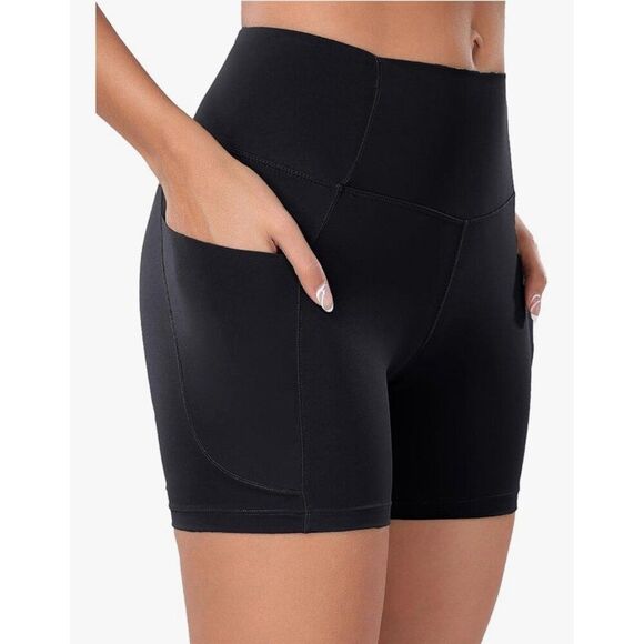Oalka Shorts Solid Black Side Pockets High Waist Workout 4” Nylon Spandex Medium - Picture 1 of 8